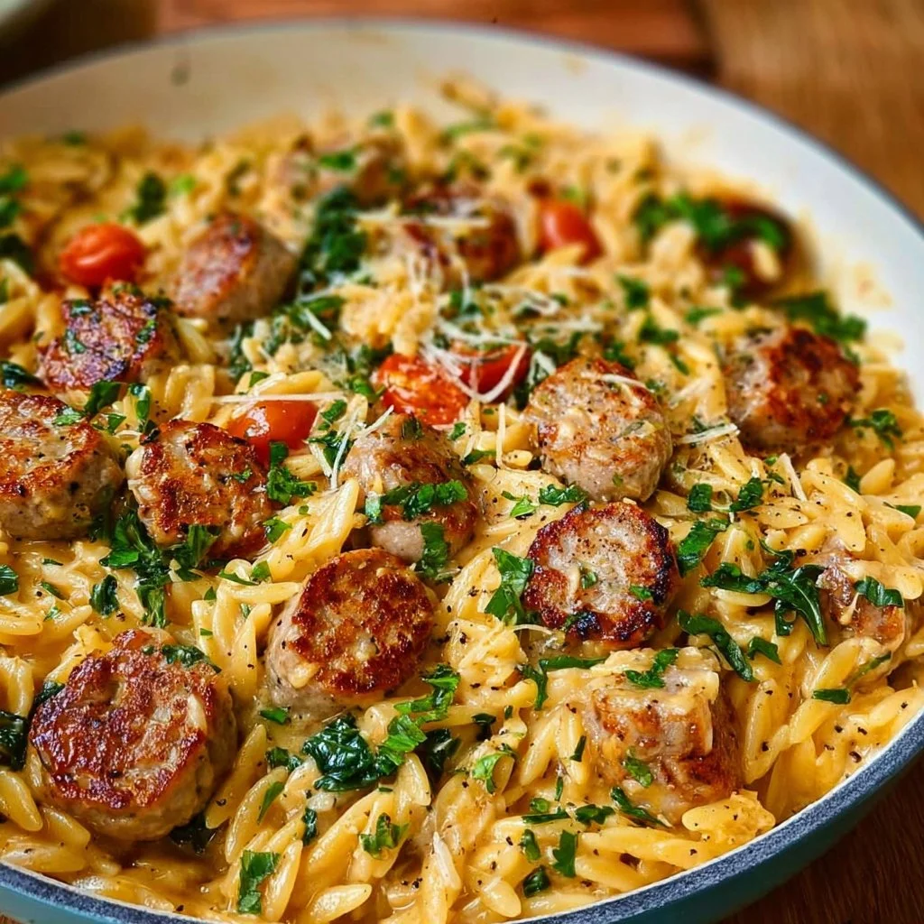 Creamy chicken sausage orzo displayed in a bowl, garnished with parsley.