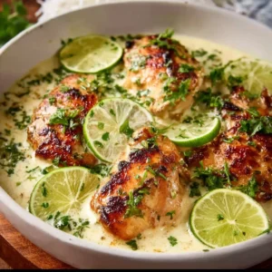 Creamy Coconut Lime Chicken served on a plate with garnishes