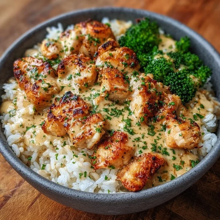Creamy garlic chicken rice bowls with fresh herbs and rice