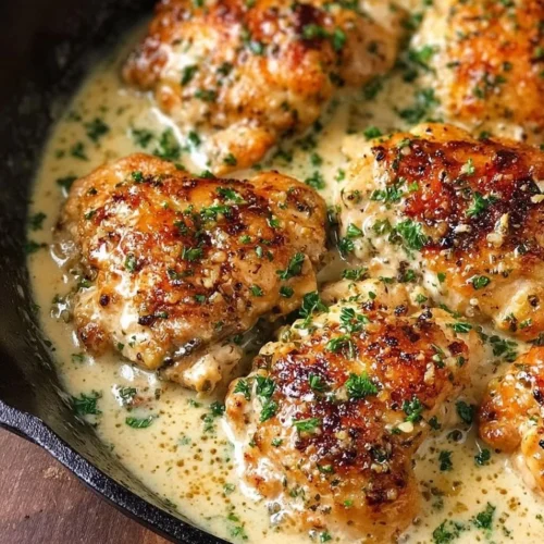 Creamy Garlic Chicken Thighs – Easy One-Pan 30-Minute Dinner Creamy garlic chicken thighs cooked in a one-pan recipe for a quick dinner.