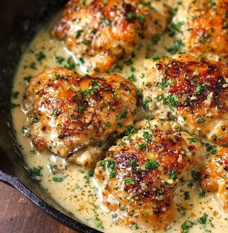 Creamy garlic chicken thighs cooked in a one-pan recipe for a quick dinner.