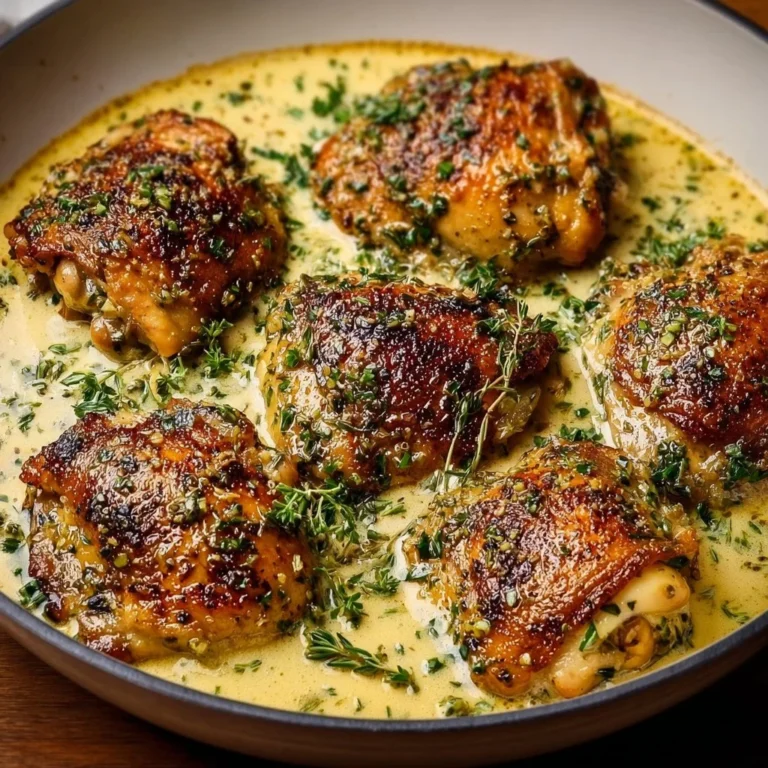 Creamy garlic chicken thighs served in a bowl with herbs and spices.