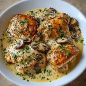 Creamy Garlic Mushroom Chicken Thighs Creamy garlic mushroom chicken thighs served on a plate, garnished with herbs.