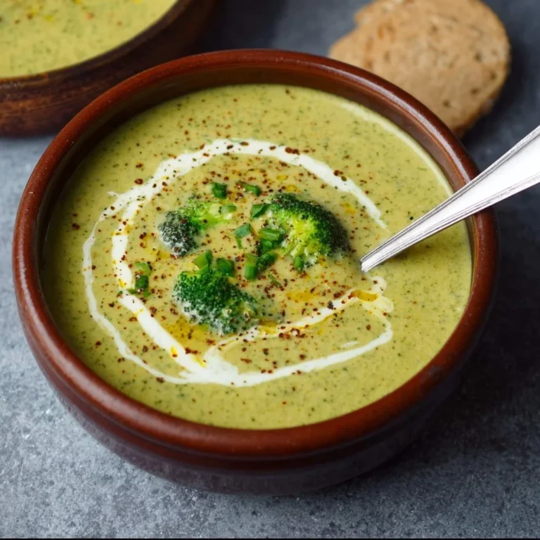 Creamy vegan broccoli soup recipe with high protein content in a bowl