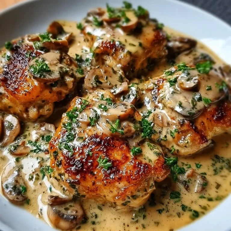 Creamy mushroom chicken thighs dish served on a plate with herbs and vegetables.