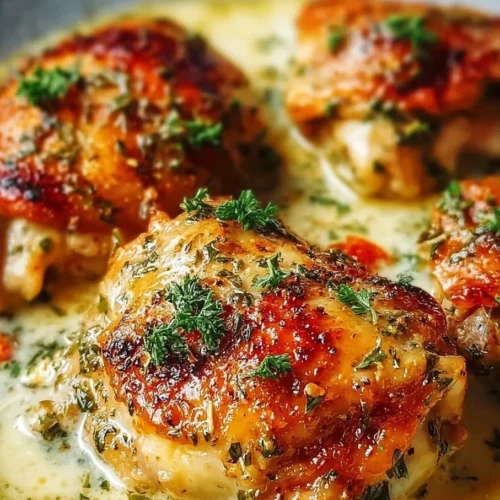 Creamy Oven Baked Chicken Thighs: An Incredible Ultimate Recipe Creamy oven baked chicken thighs served on a plate with herbs