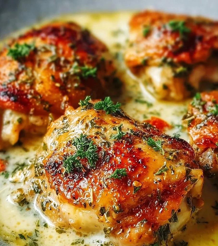 Creamy oven baked chicken thighs served on a plate with herbs