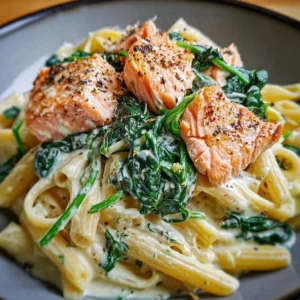 Creamy Spinach and Salmon Pasta Creamy spinach and salmon pasta dish served in a bowl