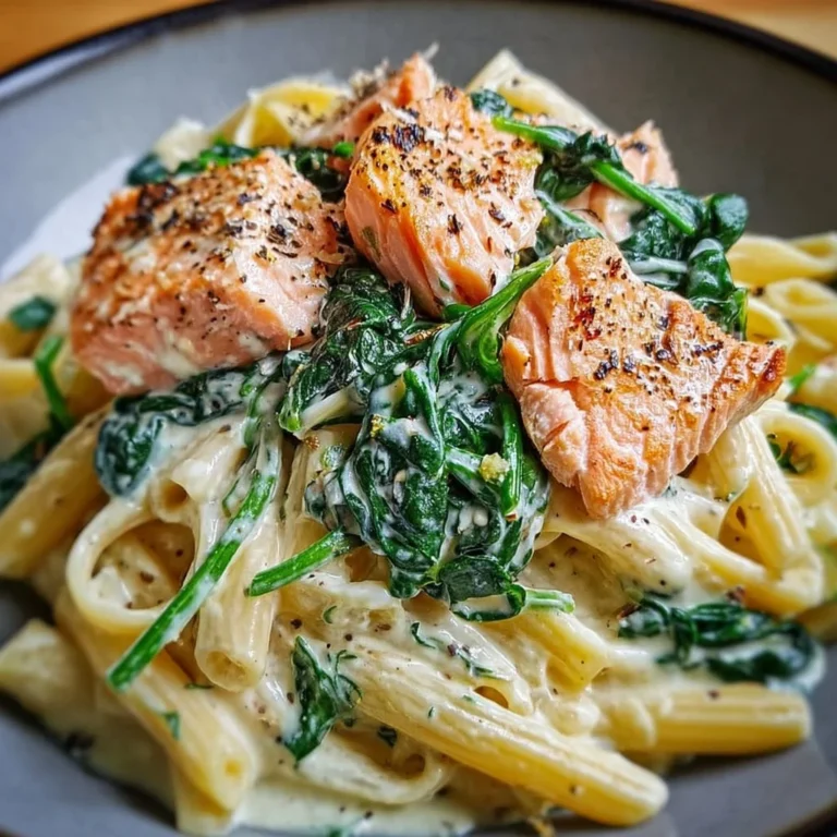 Creamy spinach and salmon pasta dish served in a bowl