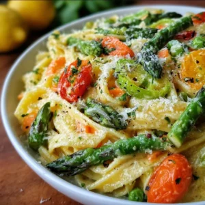 Creamy Pasta Primavera with spring vegetables and lemon garlic sauce