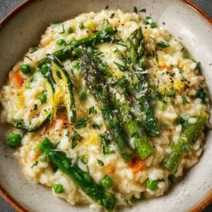 Delicious creamy spring vegetable risotto topped with fresh herbs and vegetables.