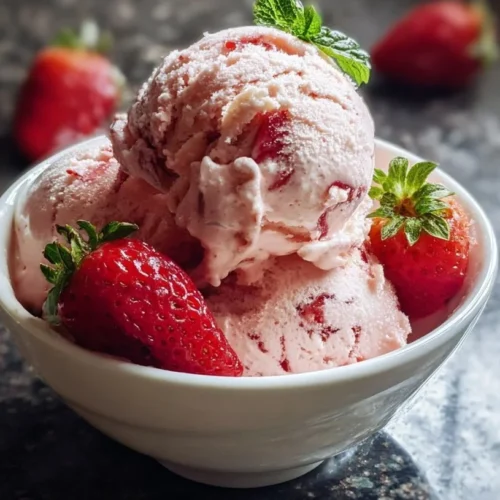 Delicious creamy strawberry ice cream in a bowl with fresh strawberries