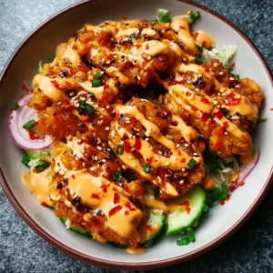 Crispy Chicken with Creamy Spicy Sauce Crispy chicken served with creamy spicy sauce on a plate