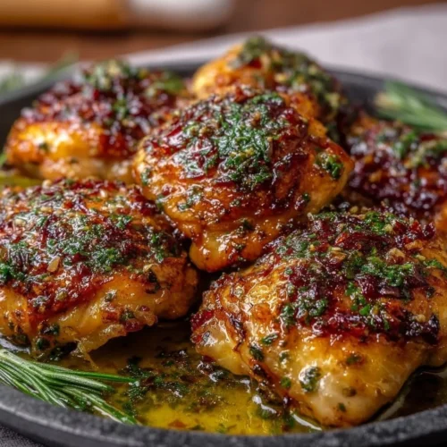 Crispy Garlic Butter Baked Chicken Thighs Recipe Easy Herb Seasoned Crispy garlic butter baked chicken thighs garnished with herbs on a white plate.