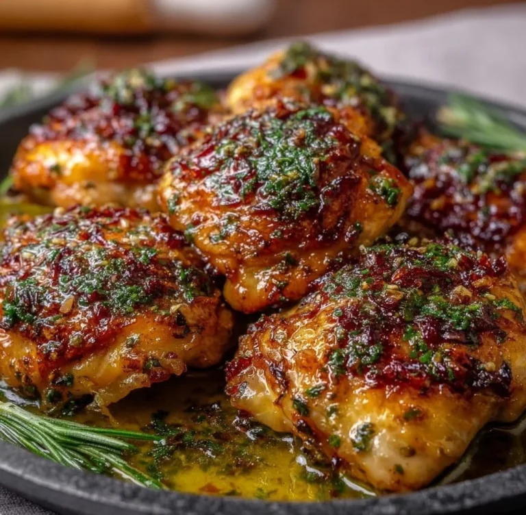Crispy garlic butter baked chicken thighs garnished with herbs on a white plate.