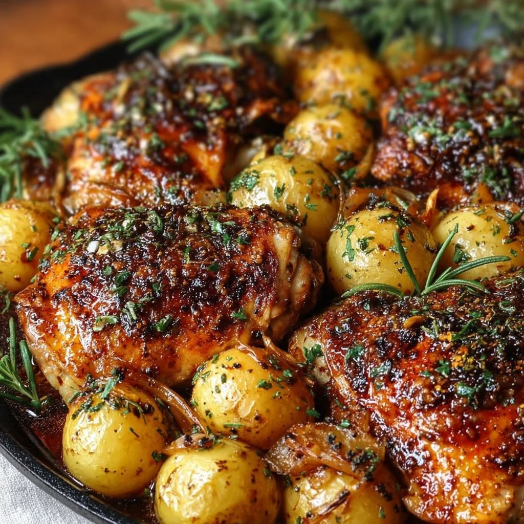 Crispy one-pan lemon herb chicken with baby potatoes