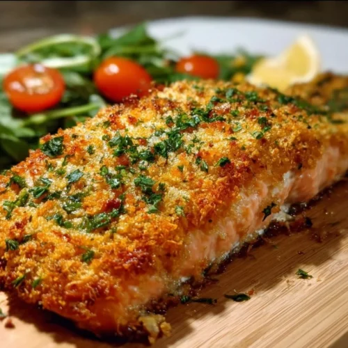 Crispy Parmesan Crusted Baked Salmon on a plate garnished with herbs.