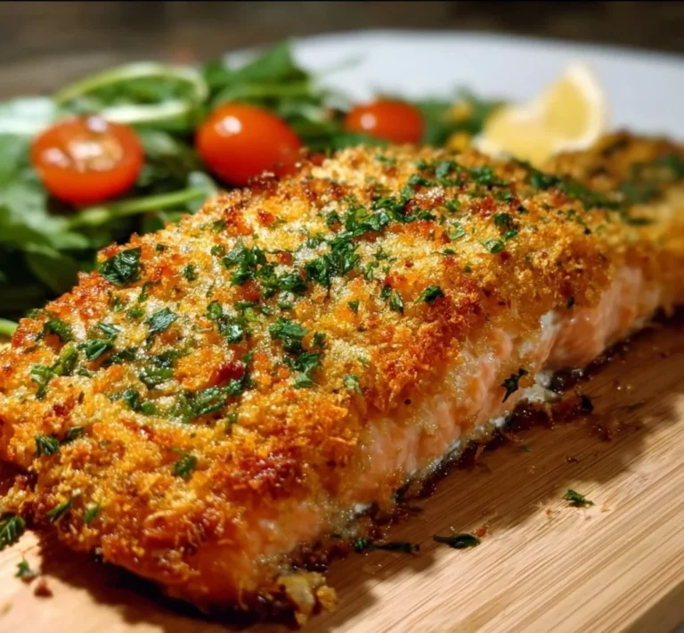Crispy Parmesan Crusted Baked Salmon on a plate garnished with herbs.
