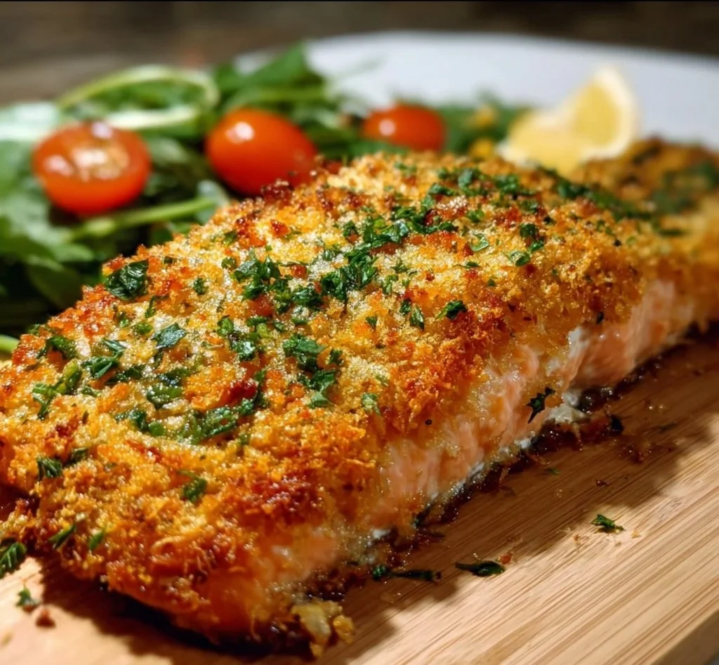 Crispy Parmesan Crusted Baked Salmon on a plate garnished with herbs.