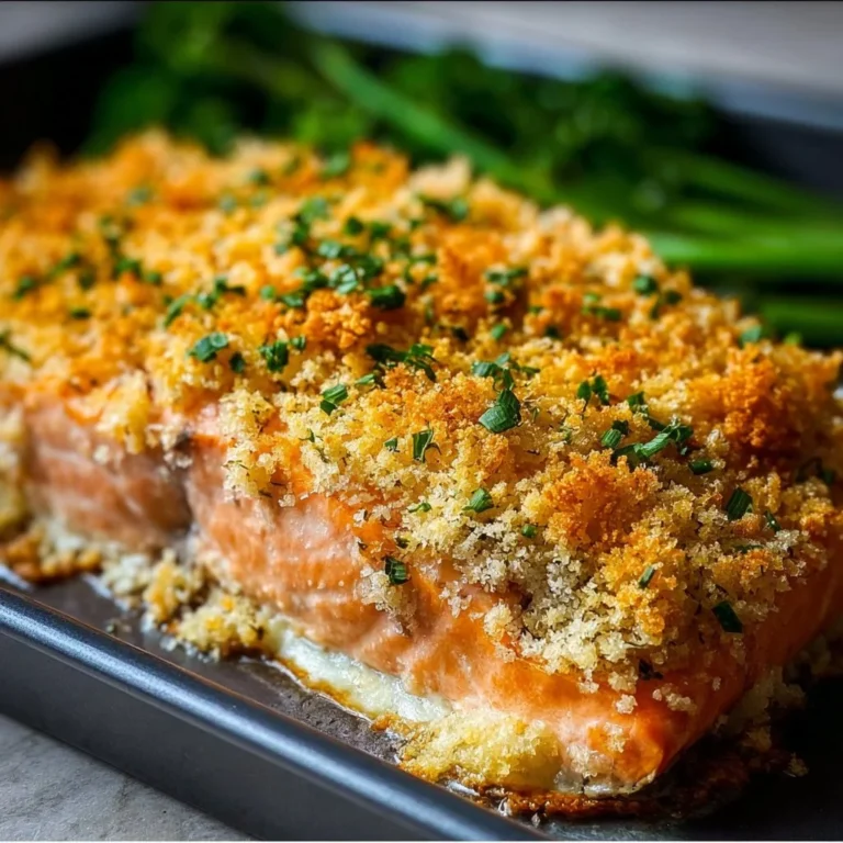 Crispy Parmesan Salmon Bake served with fresh herbs and lemon.