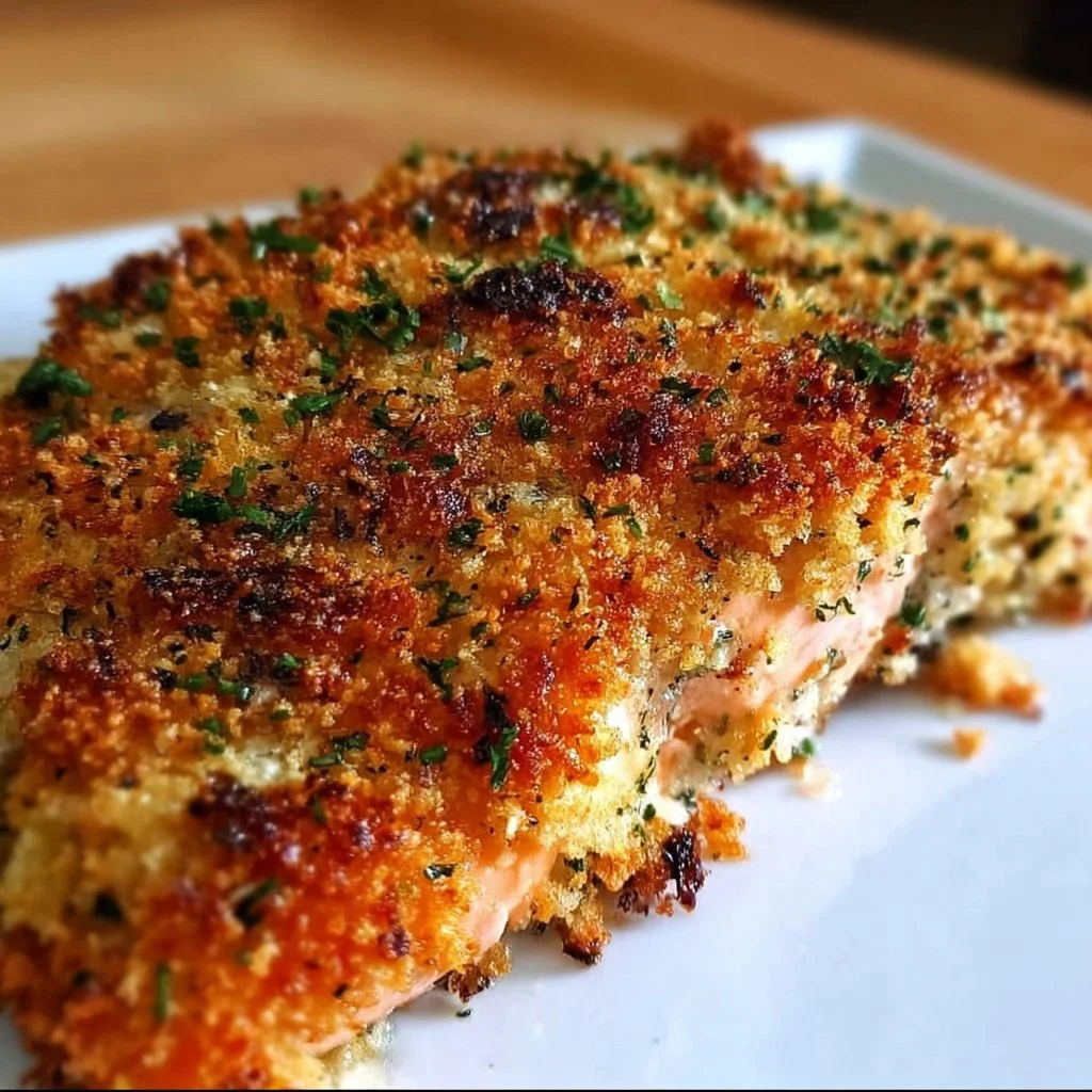 Crispy Parmesan Salmon Bake topped with golden crust and herbs