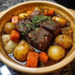 Delicious Crockpot pot roast cooking in a slow cooker.