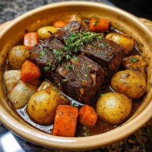 Crockpot Pot Roast Delicious Crockpot pot roast cooking in a slow cooker.