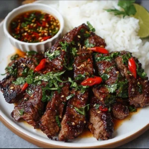 Crying Tiger Beef Crying Tiger Beef served with fresh herbs and dipping sauce on a plate.