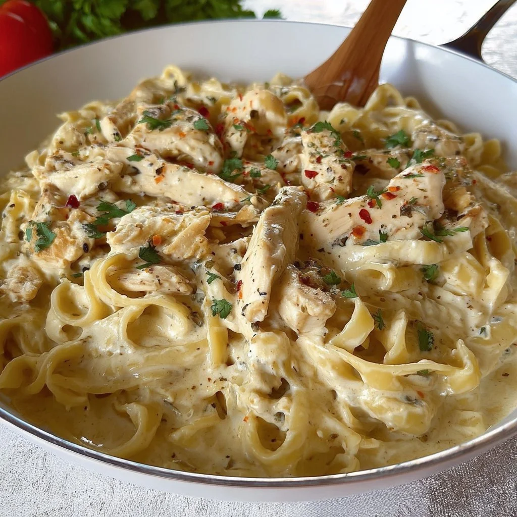 Bowl of Dairy Free Chicken Alfredo pasta topped with parsley