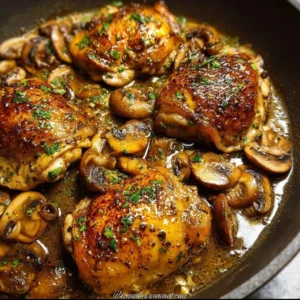 Delicious Garlic Mushroom Chicken Thighs Plate of delicious garlic mushroom chicken thighs garnished with herbs