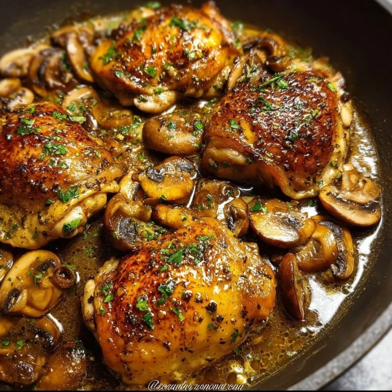 Plate of delicious garlic mushroom chicken thighs garnished with herbs