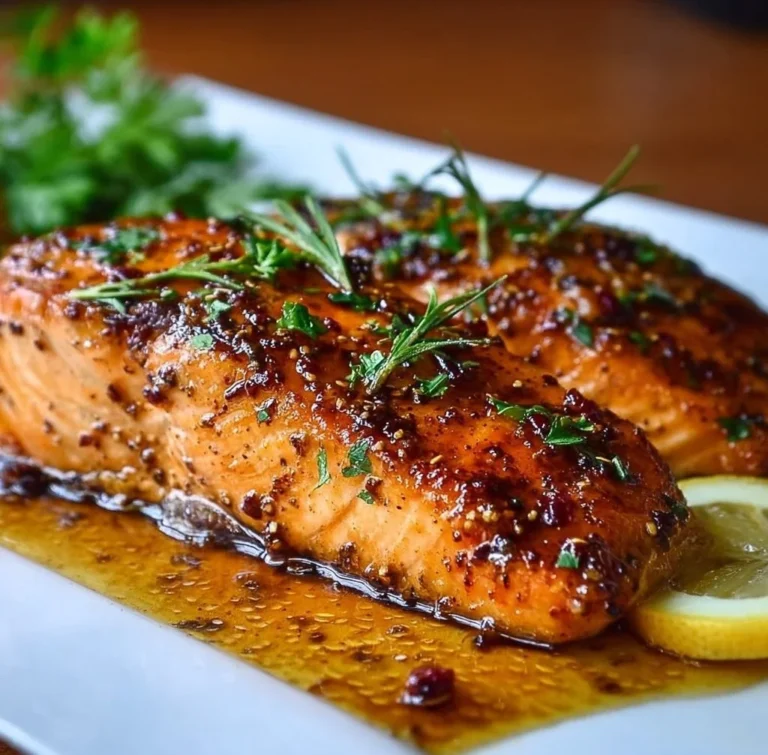 Delicious honey glazed salmon baked in the oven, served on a plate.