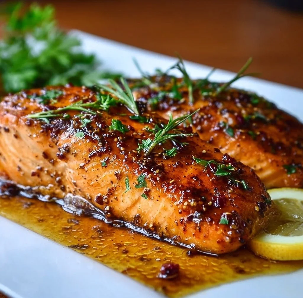 Delicious honey glazed salmon baked in the oven, served on a plate.