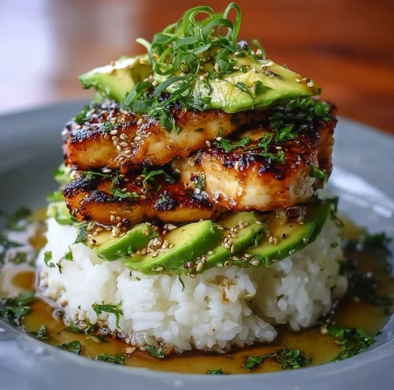 Delicious honey lime chicken served with avocado rice stack for a healthy meal.