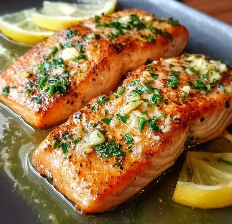 Delicious pan seared salmon fillet garnished with garlic butter and herbs