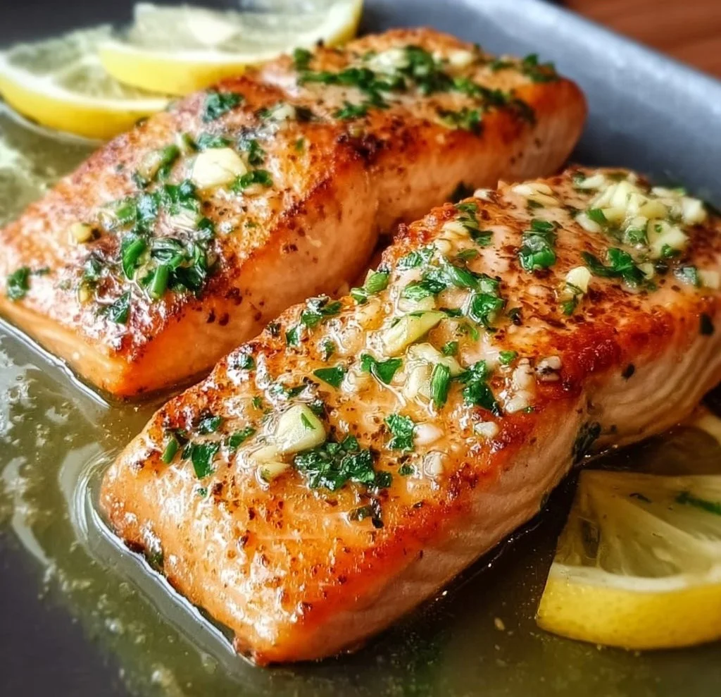 Delicious pan seared salmon fillet garnished with garlic butter and herbs