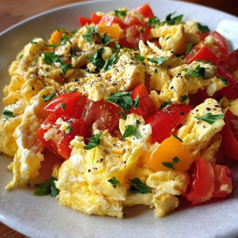 Healthy Mediterranean scrambled eggs with fresh herbs and vegetables
