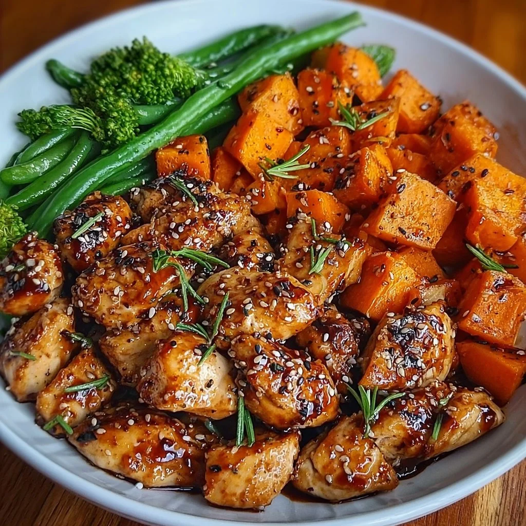 Delicious honey garlic chicken served with sweet potatoes on a plate.