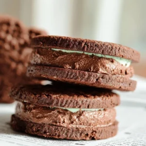 Double mint chocolate cookie sandwiches stacked on a plate