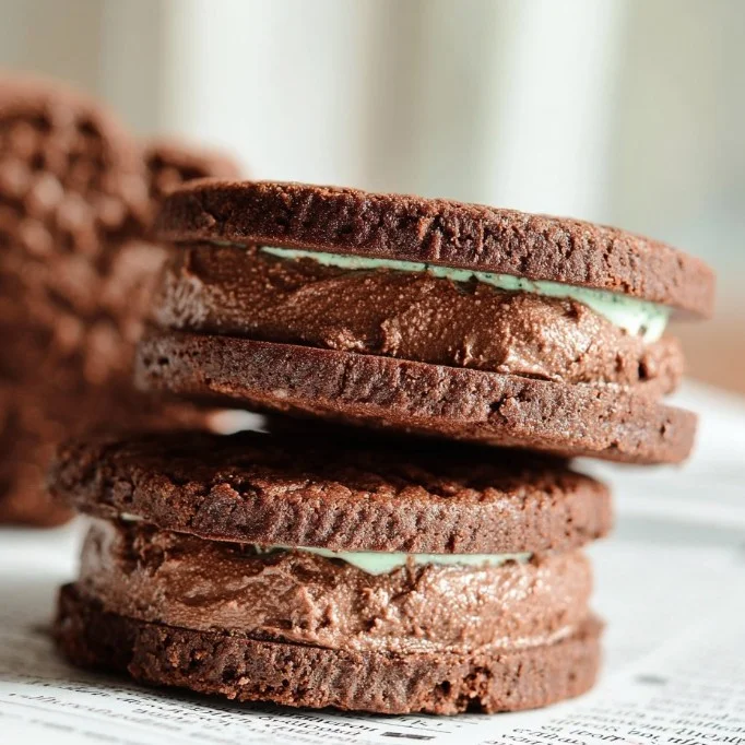 Home Double mint chocolate cookie sandwiches stacked on a plate