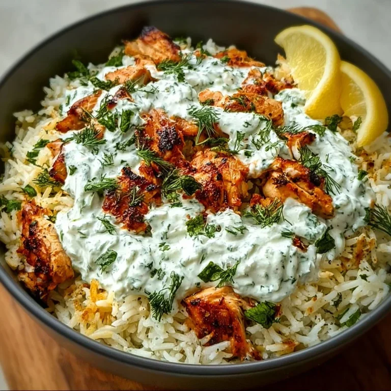 Baked chicken tzatziki rice dish served in a vibrant bowl