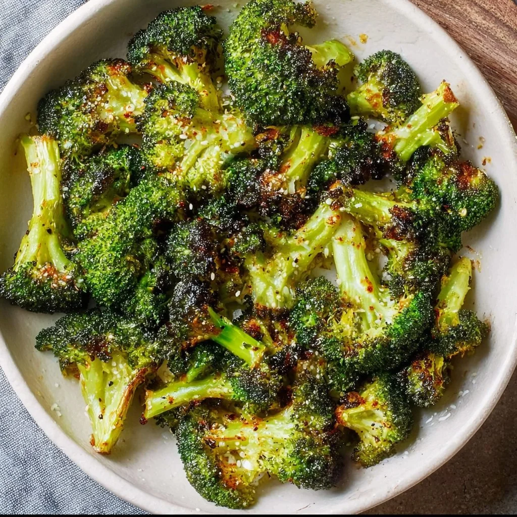 Deliciously roasted broccoli served on a plate, garnished for flavor.