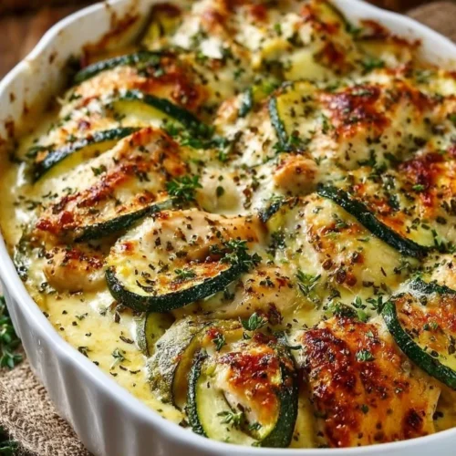Easy chicken zucchini bake dish with melted cheese and fresh herbs
