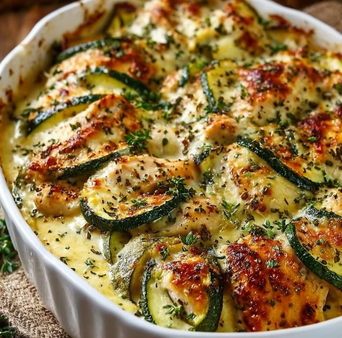 Home Easy chicken zucchini bake dish with melted cheese and fresh herbs