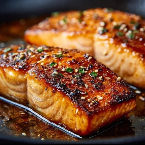 Easy Crispy Honey Garlic Glazed Salmon Recipe Crispy honey garlic glazed salmon served with vegetables.