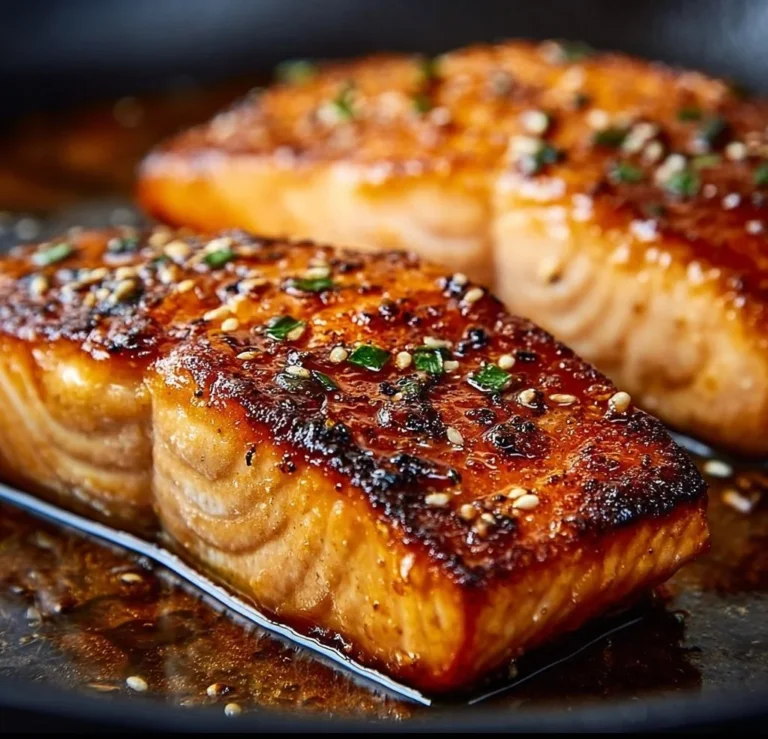 Crispy honey garlic glazed salmon served with vegetables.