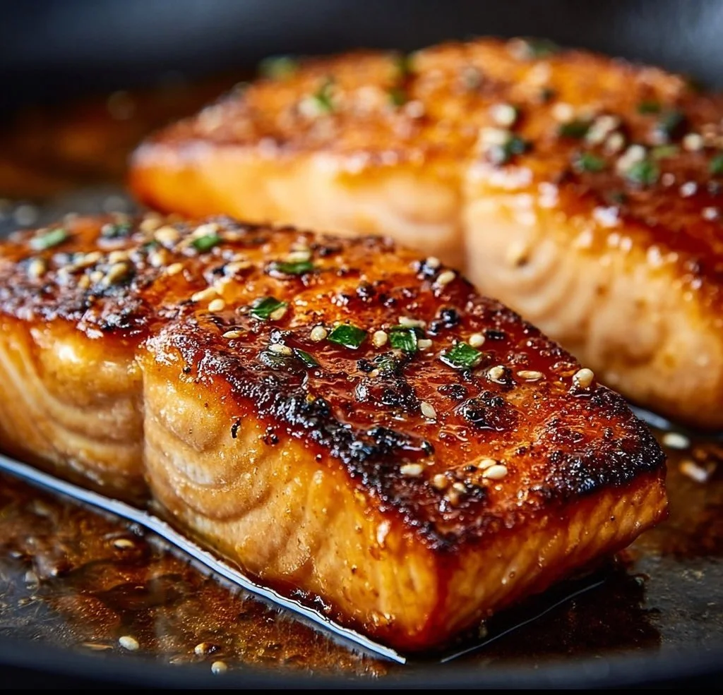 Crispy honey garlic glazed salmon served with vegetables.