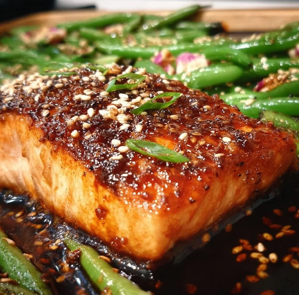 Crispy sheet pan teriyaki salmon served with sesame green beans