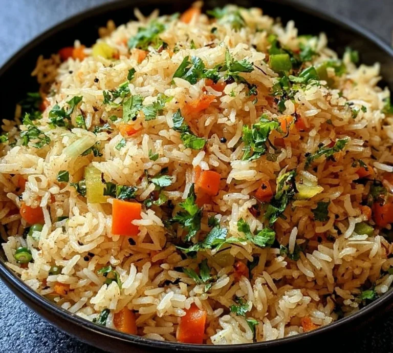 Plate of herbed vegetable rice garnished with fresh herbs and colorful vegetables.
