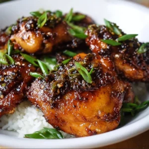 Juicy honey garlic chicken thighs drizzled with sauce on a plate
